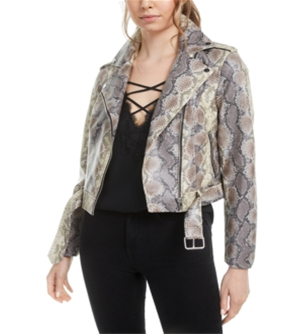 Bar III Women's Faux Leather Snake Print Leather Jacket Pink Size Medium