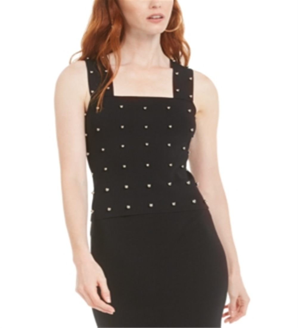 Bar III Women's Beaded Sleeveless Square Neck Tank Top Black Size XX-Large