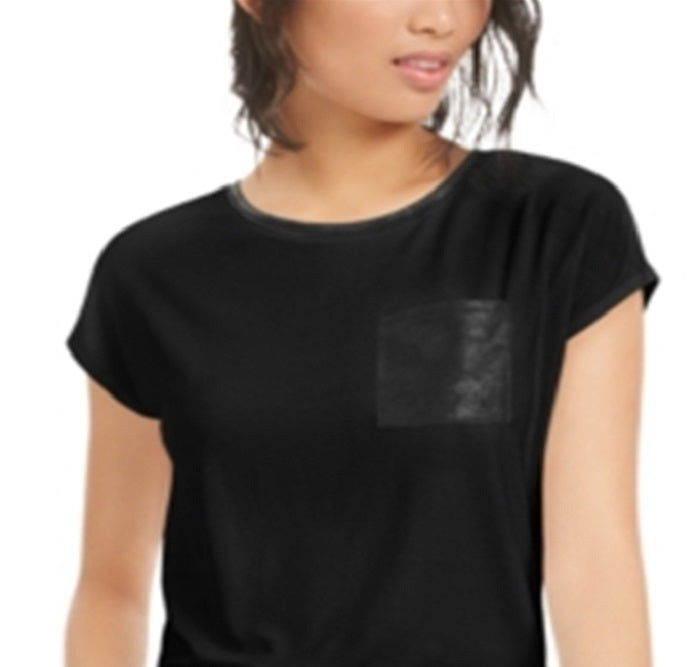 Bar III Women's Faux Leather Pocket T-Shirt Black Size X-Small
