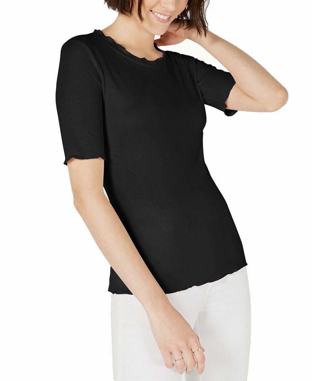 Maison Jules Women's Crewneck Elbow Sleeve Top Black Size X-Small
