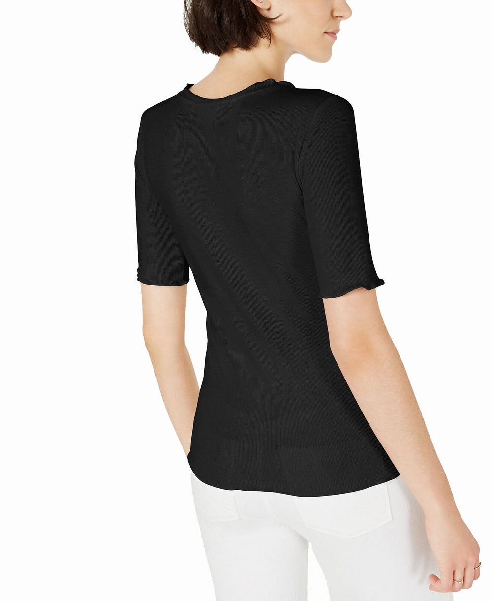 Maison Jules Women's Crewneck Elbow Sleeve Top Black Size X-Small