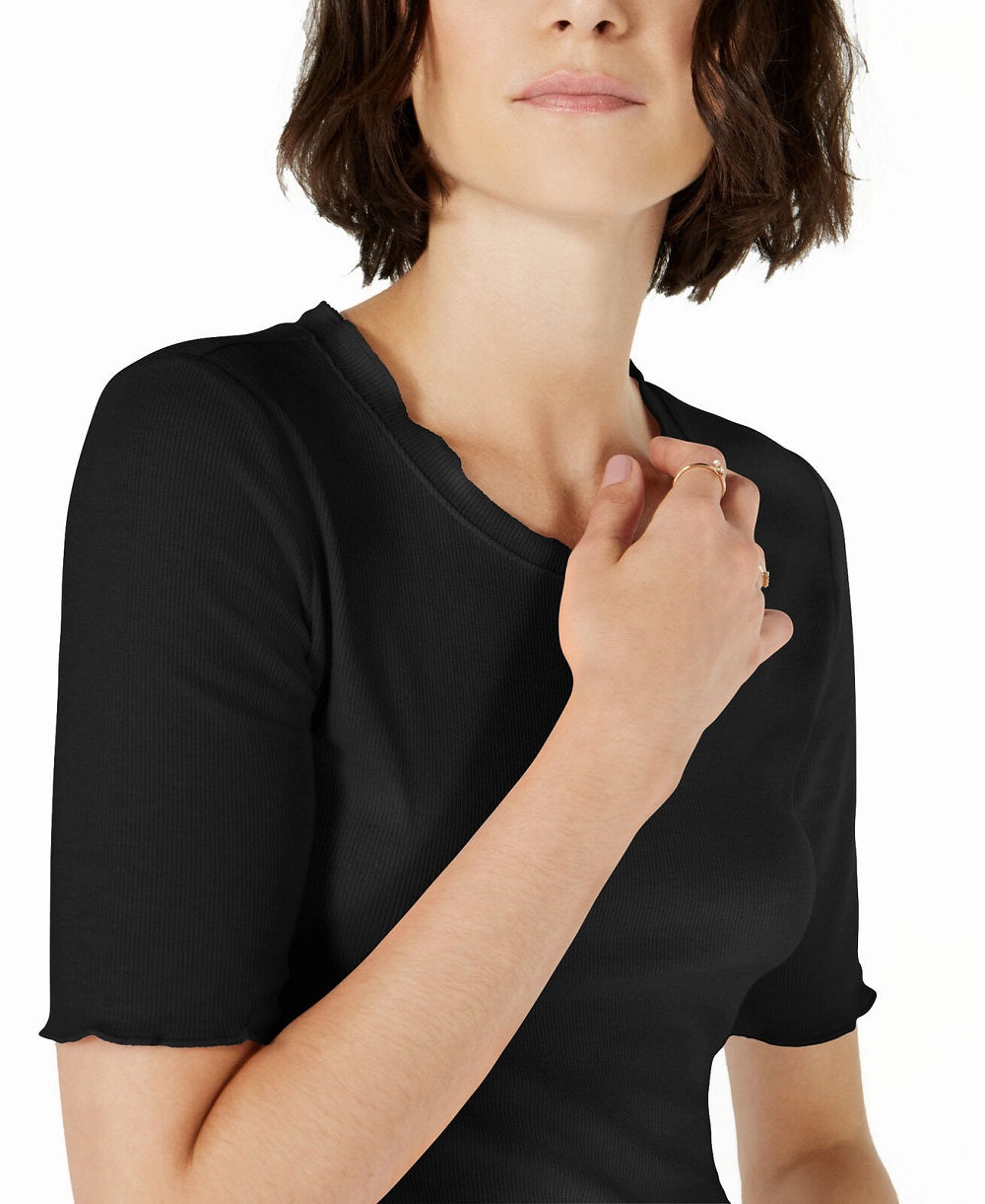 Maison Jules Women's Crewneck Elbow Sleeve Top Black Size X-Small
