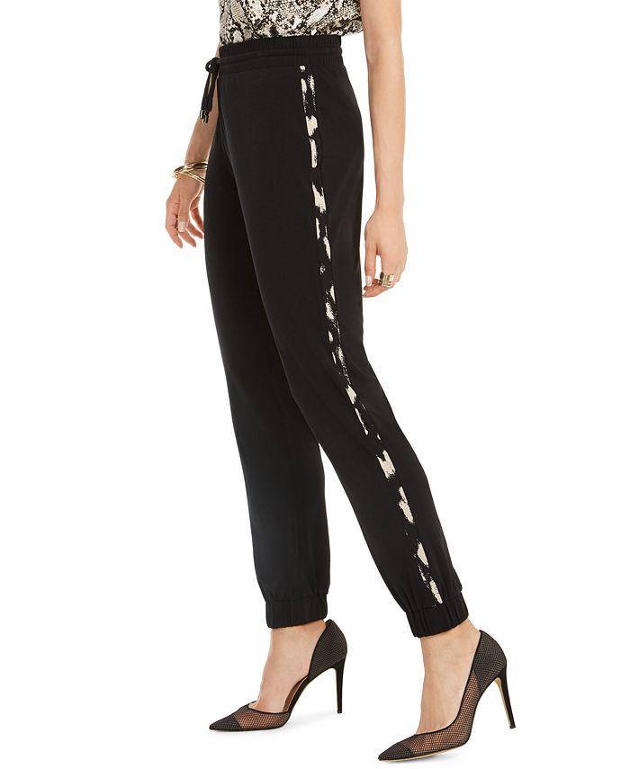 INC International Concepts Women's Animal Print Side Seam Joggers Black Size XX-Large
