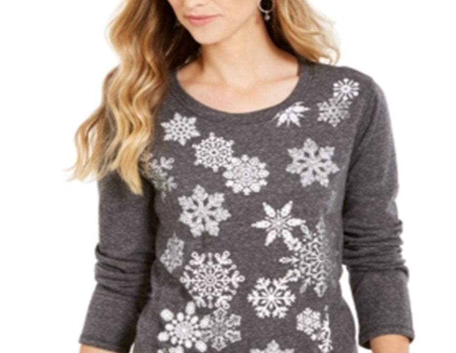 Style & Co Women's Printed Long Sleeve Jewel Neck Top Gray Size 2X