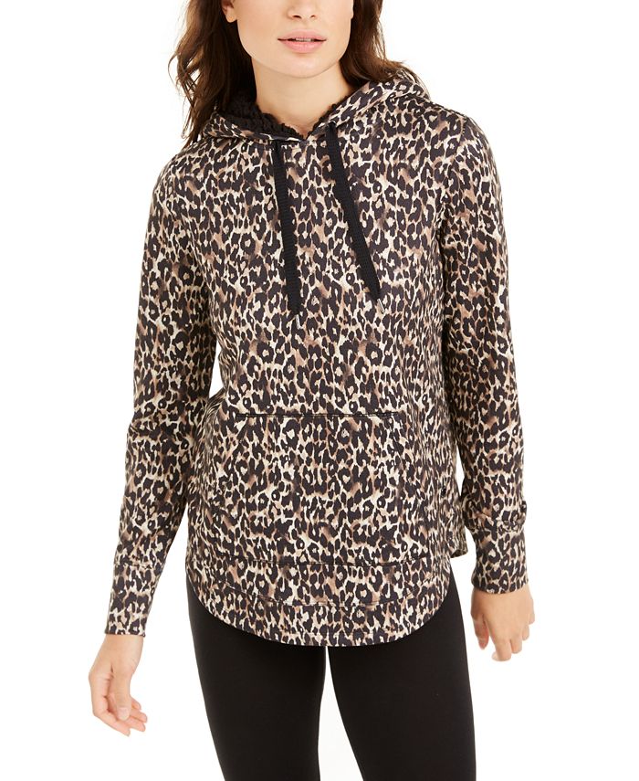 Ideology Women's Color Bold Leo Leopard Round Hem Hoodie Brown Size X-Large