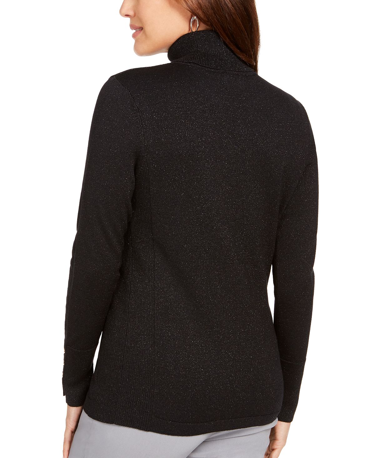 JM Collection Women's Metallic Turtleneck Stud Cuff Sweater Black Size Small