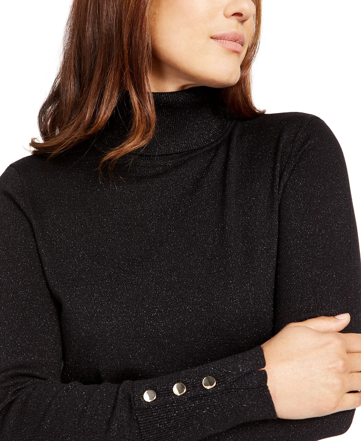 JM Collection Women's Metallic Turtleneck Stud Cuff Sweater Black Size Small