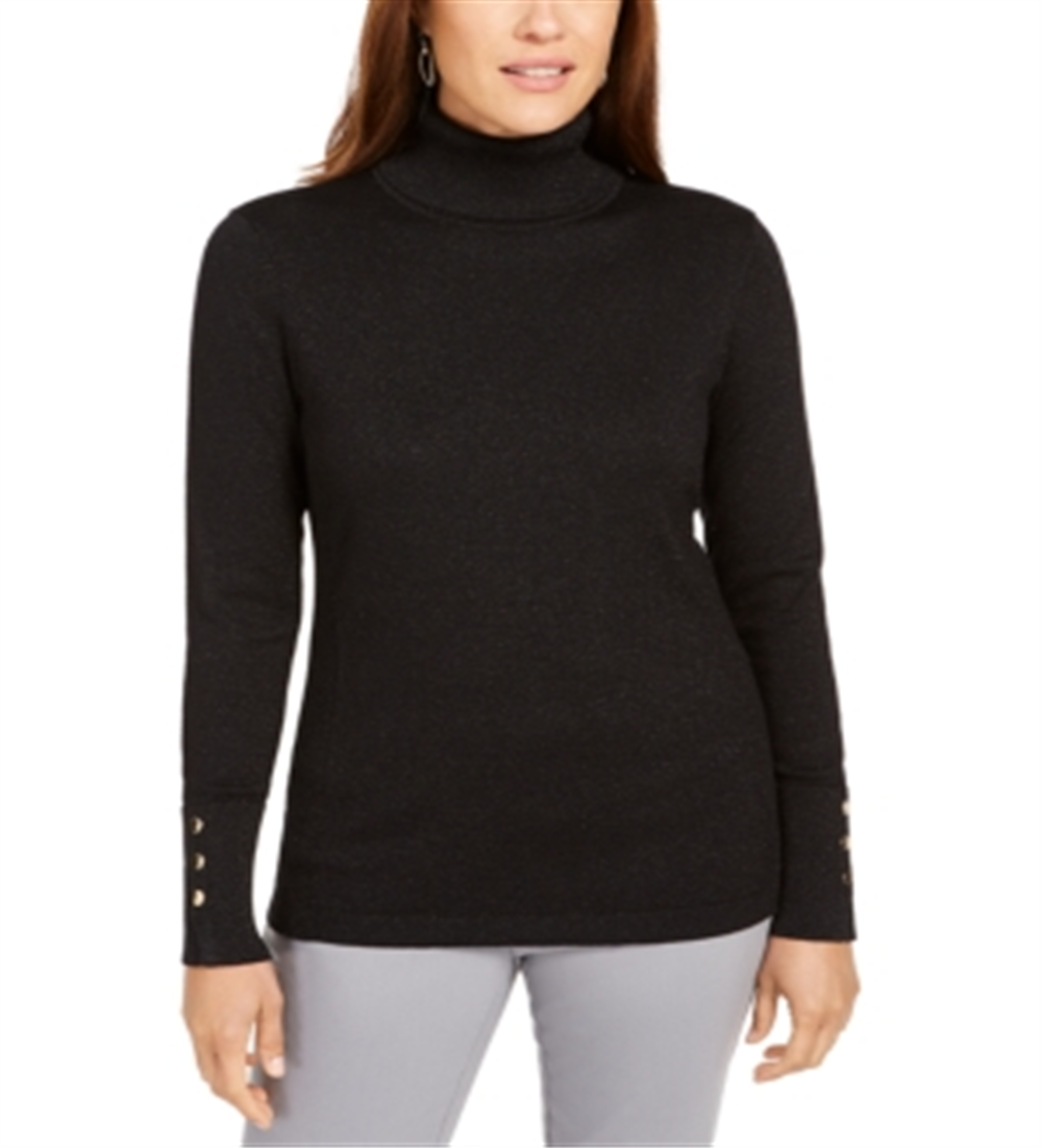 JM Collection Women's Metallic Turtleneck Stud Cuff Sweater Black Size Small