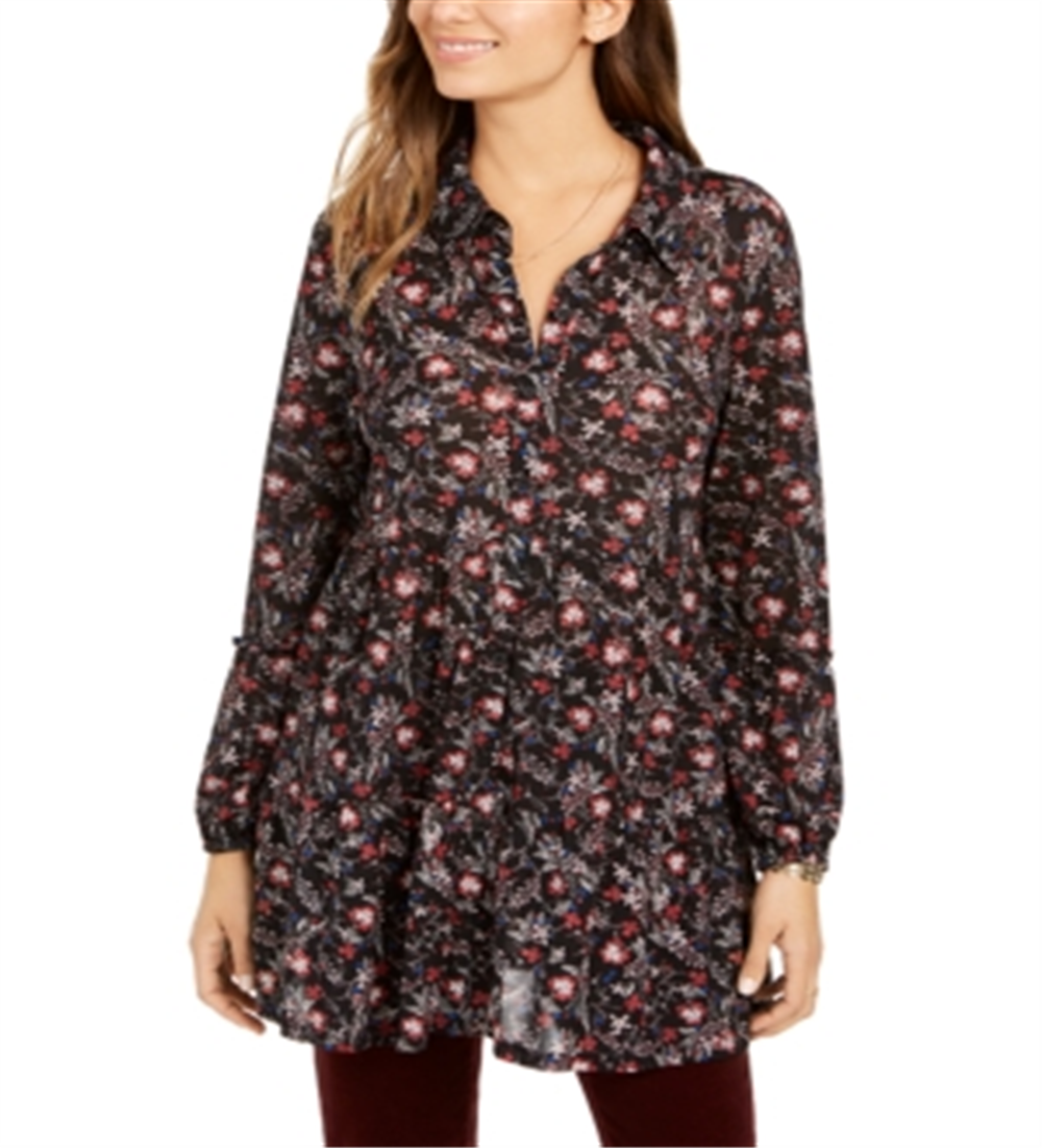 Style & Co Women's Floral Print Tiered Shirt Black SizePetite