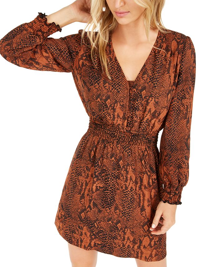 Bar III Women's Snake Print Smocked Mini Dress Brown Size Small