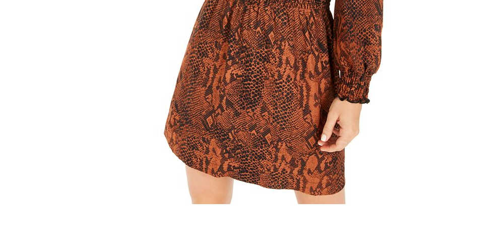 Bar III Women's Snake Print Smocked Mini Dress Brown Size Small