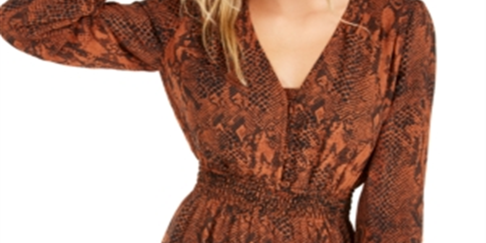 Bar III Women's Snake Print Smocked Mini Dress Brown Size Small