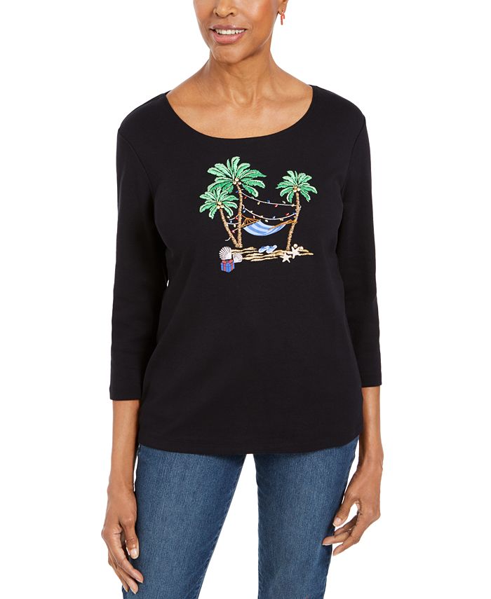 Karen Scott Women's Embellished 3/4 Sleeve Top Black Size Petite Small