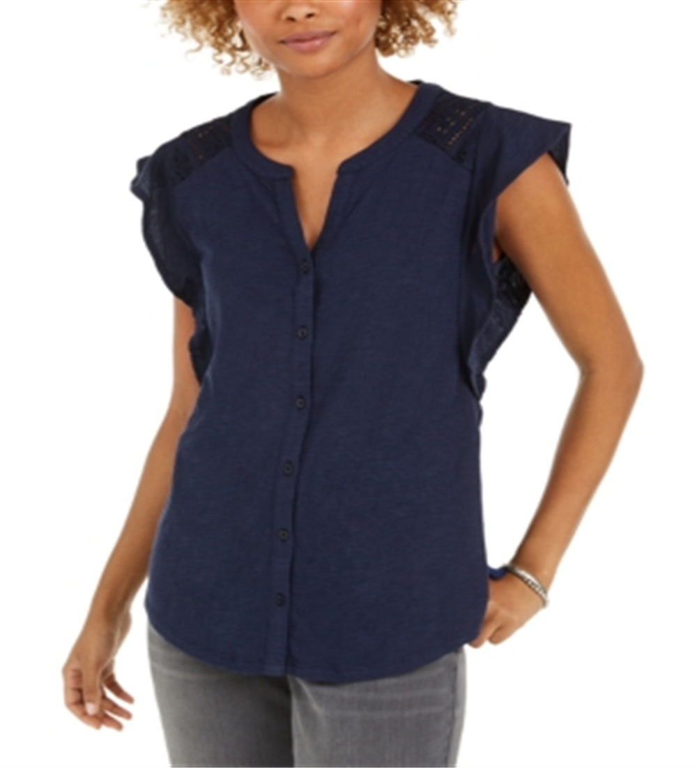 Style & Co Women's Eyelet Sleeveless Shirt Blue Size Medium