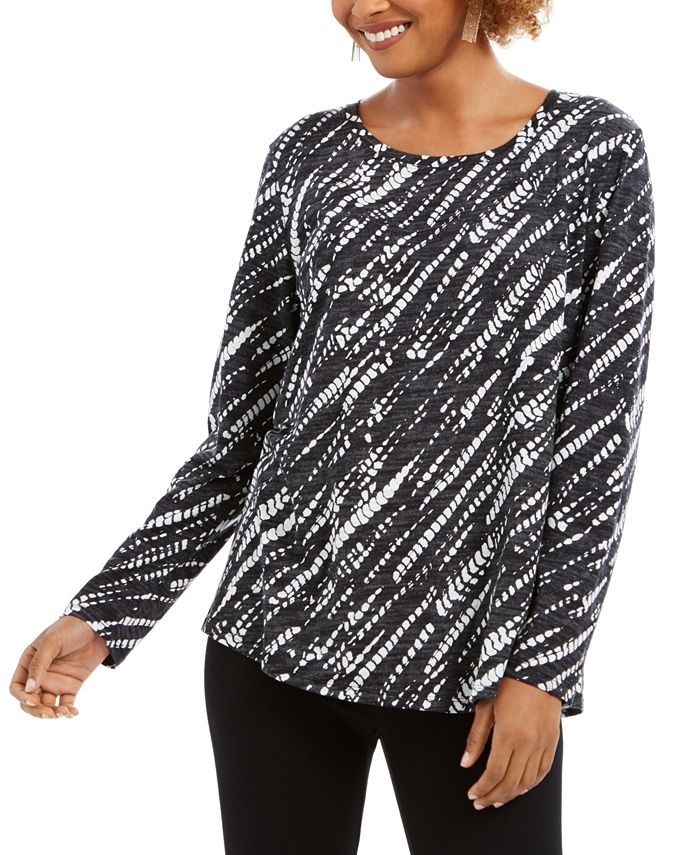 Style & Co Women's Long Sleeve Printed Shirt Black Size Large