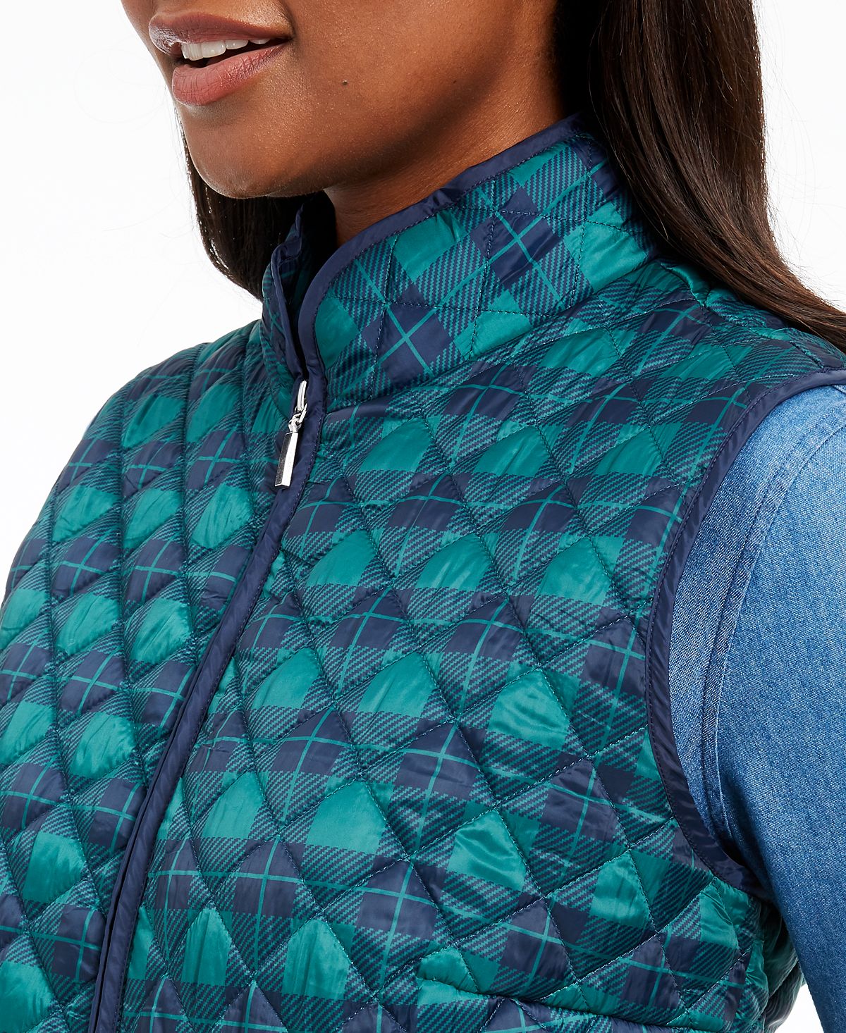 Karen Scott Women's Plaid Puffer Vest Blue Size Petite