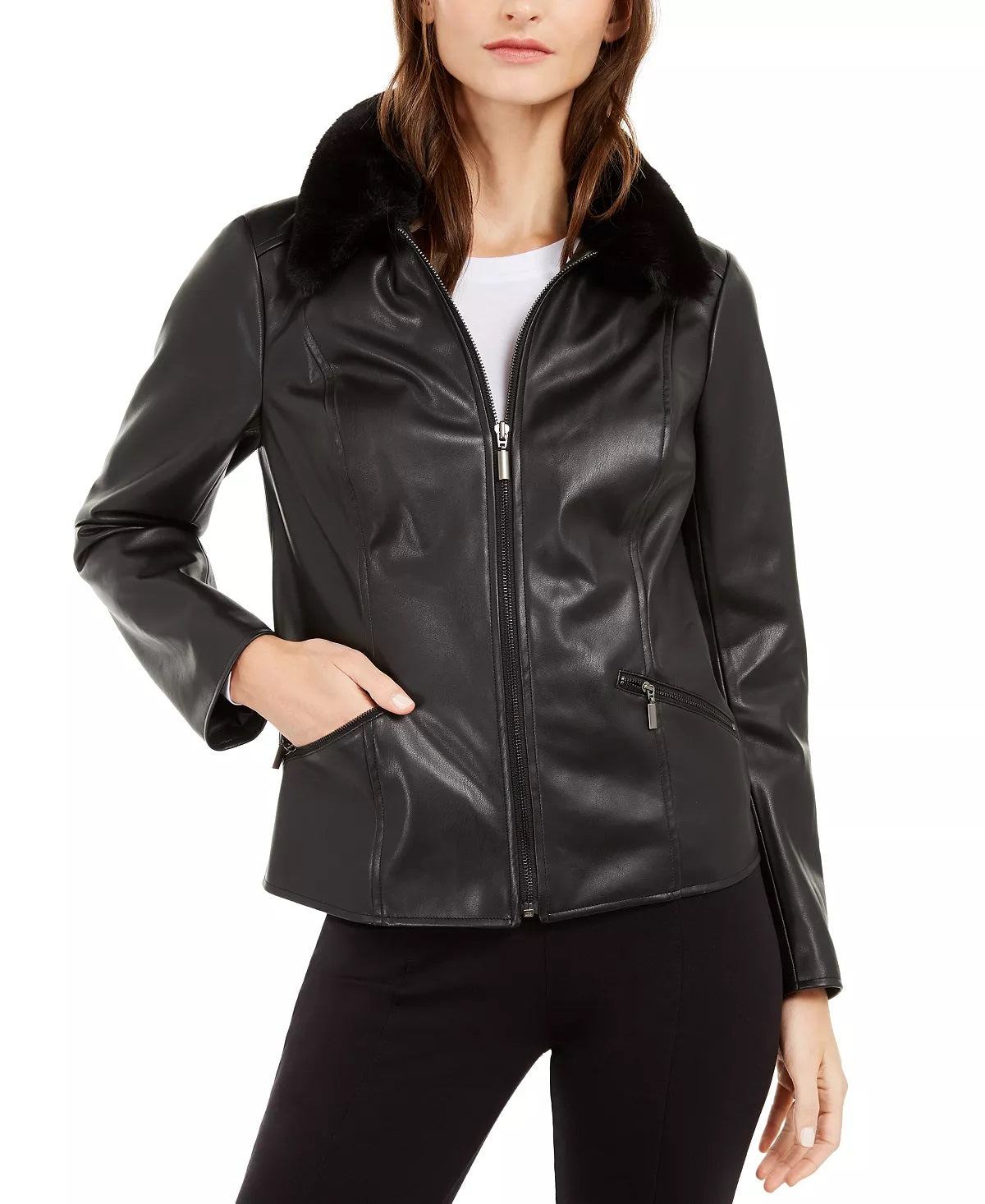 Alfani Women's Faux Leather Faux Fur Collar Jacket Black Size X-Large