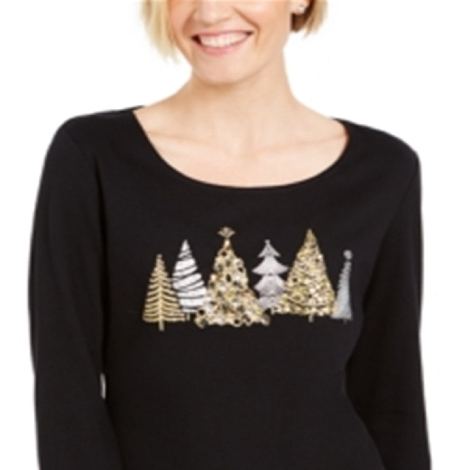 Karen Scott Women's Sparkle Holiday Graphic Shirt Black Size XX-Large