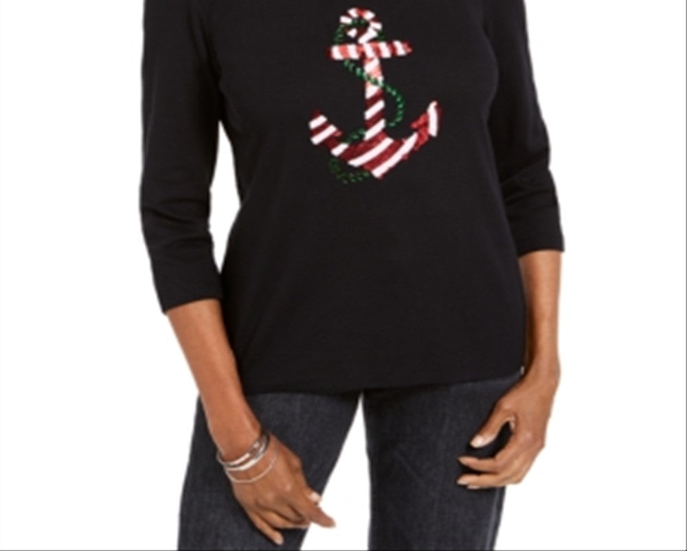 Karen Scott Women's Holiday Sequin Shirt  Black Size Petite L