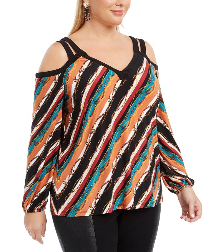 INC International Concepts Women's Printed Cold Shoulder Top Red Size 0X