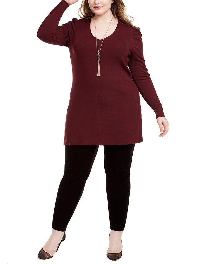 INC International Concepts Women's Plus Puff Shoulder V Neck Tunic Red Size 3X