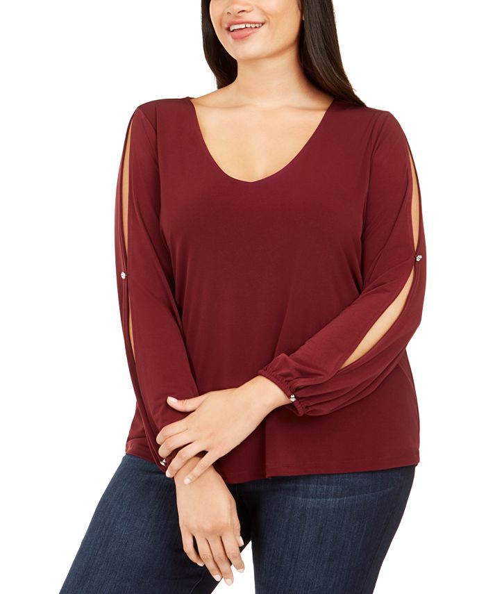 INC International Concepts Women's Long Sleeve Scoop Neck Top Red Size 1X