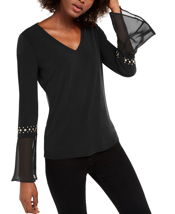 INC International Concepts Women's Studded Chiffon Cuff Top Black Size Petite S/M