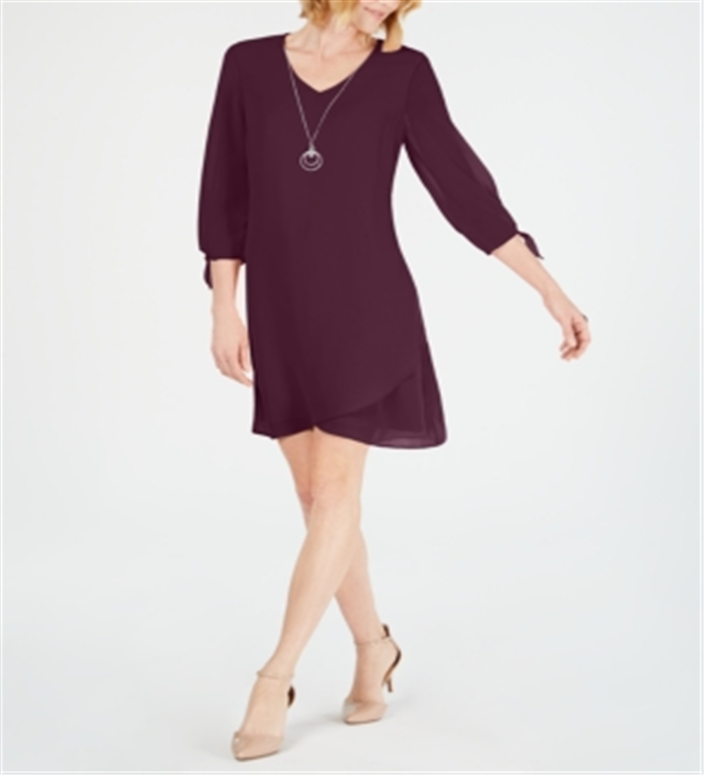 JM Collection Women's Tie Sleeve Necklace Dress Wine Size Petite XL