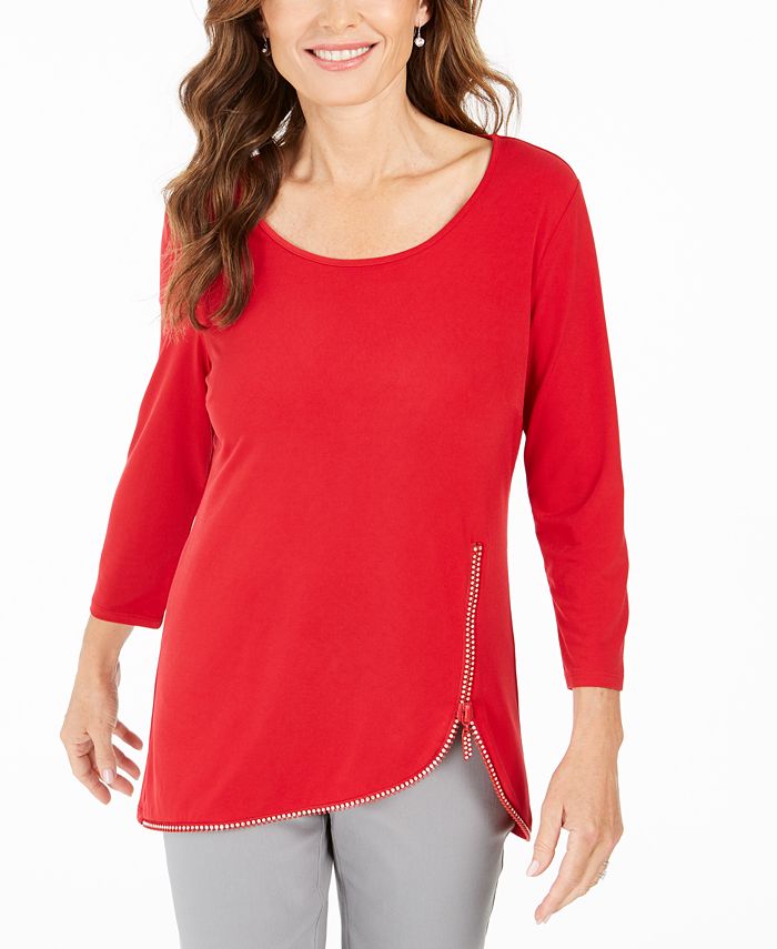 JM Collection Women's Rhinestone Zipper Trim Top Red Size XX-Large