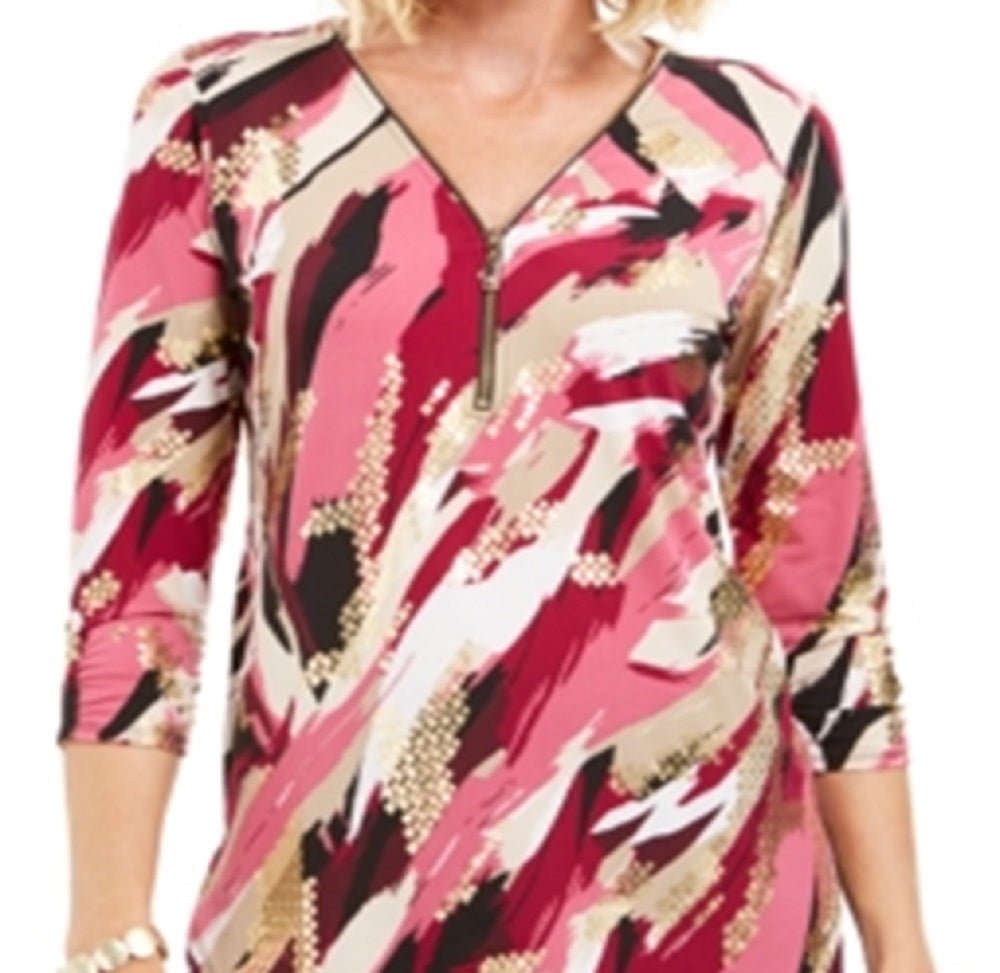 JM Collection Women's Zip Print Top Purple Size Medium
