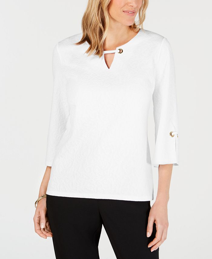 JM Collection Women's Key Hole Textured Top White Size Petite