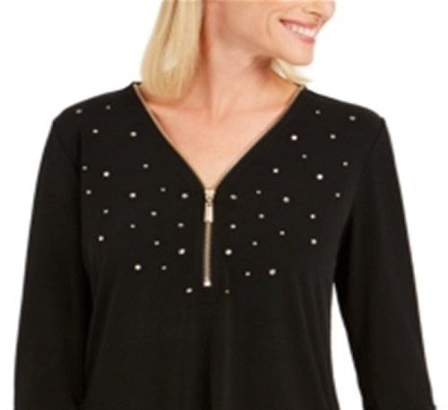 JM Collection Women's Embellished Zipper Trim Top Black Size X-Small