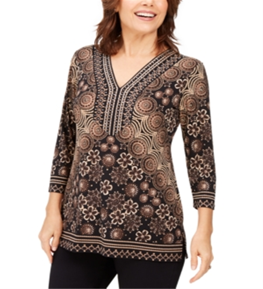JM Collection Women's Embellished Y Neck Tunic Black Size Medium
