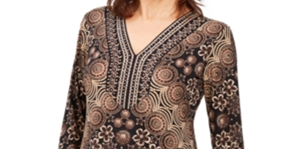 JM Collection Women's Embellished Y Neck Tunic Black Size Medium