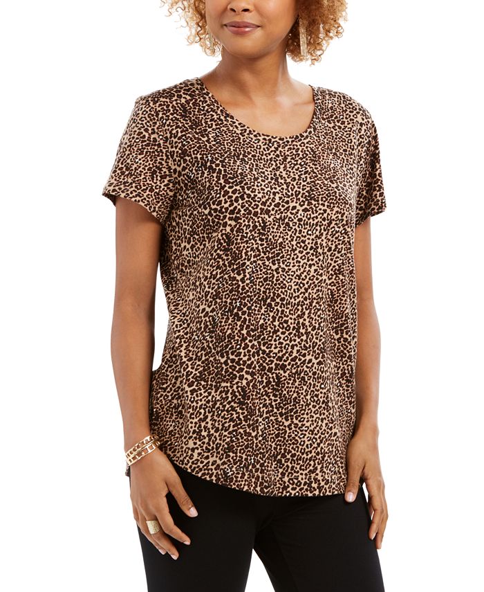 Style & Co Women's Leopard Print Cotton T-Shirt Brown Size Large