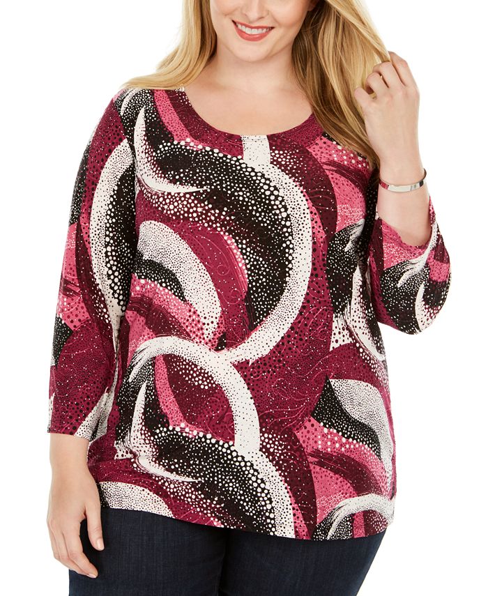 JM Collection Women's Plus Gel Dot Jacquard Printed Top Pink Size 0X
