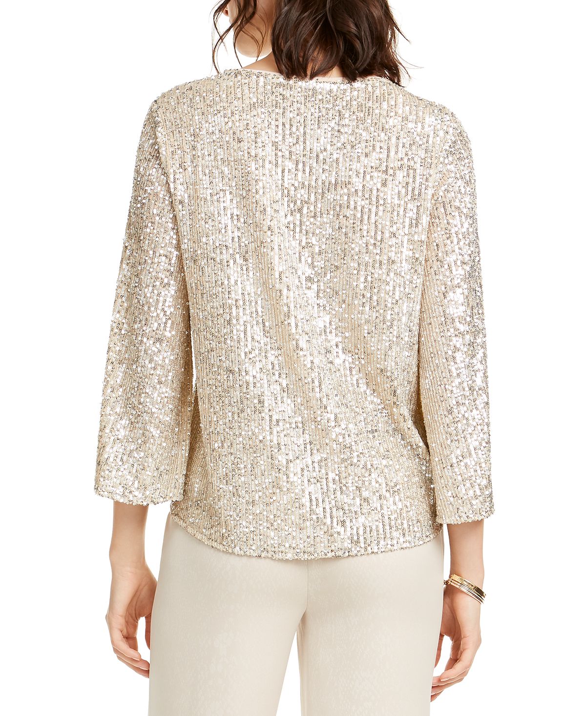 Alfani Women's Sequined Bell Sleeve Top Brown Size Petite Medium