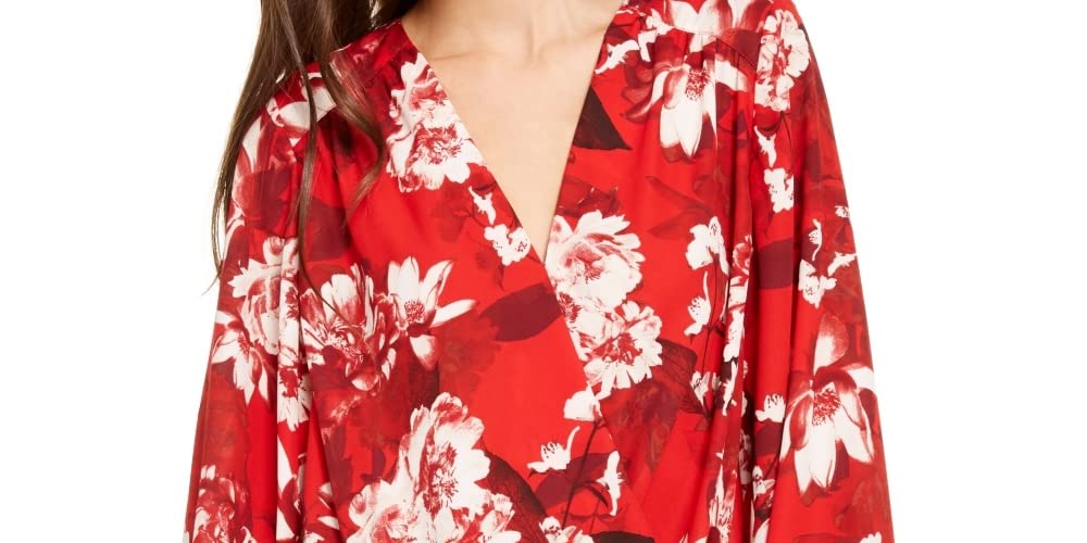 INC International Concepts Women's Red Floral Print Surplice Top Size Petite Small