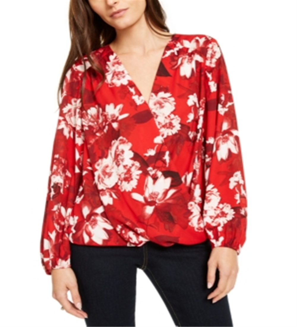 INC International Concepts Women's Red Floral Print Surplice Top Size Petite Small