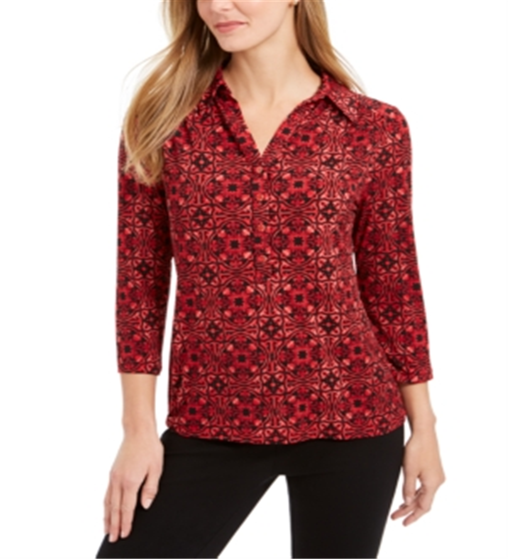 Charter Club Women's Printed Polo Top Size M