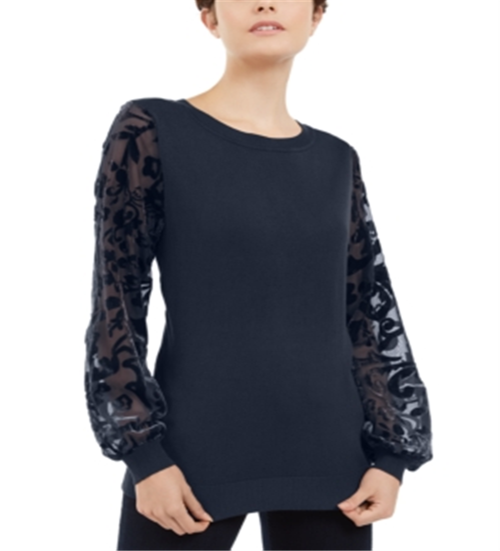INC International Concepts Women's Velvet Burnout Sleeve Sweater Blue Size Medium