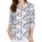 Charter Club Women's Blue Printed Roll Sleeve Top Size Small