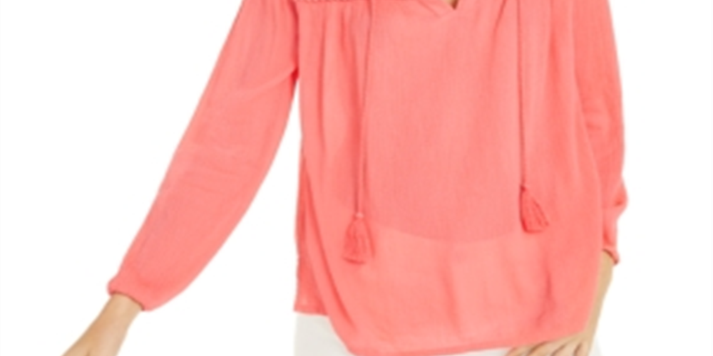 Charter Club Women's Tassel Peasant Blouse Coral Size X-Large