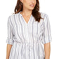 Charter Club Women's Metallic Striped Tassel Trim Button Front Top White Size XX-Large