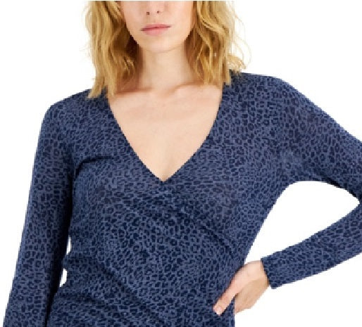 INC International Concepts Women's Long Sleeve Cheetah Print Top Blue Size X-Large