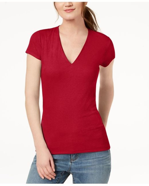 INC International Concepts Women's Ribbed V Neck Top Red Size 1X