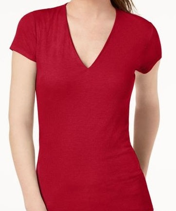 INC International Concepts Women's Ribbed V Neck Top Red Size 1X