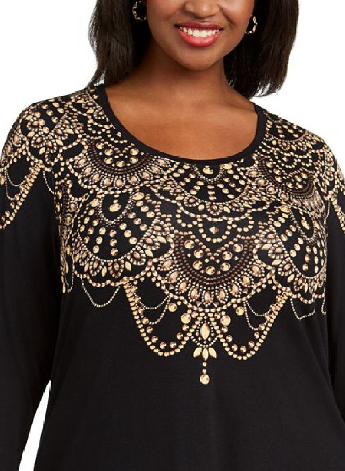 JM Collection Women's Printed 3/4 Sleeve Top Black Size 2X