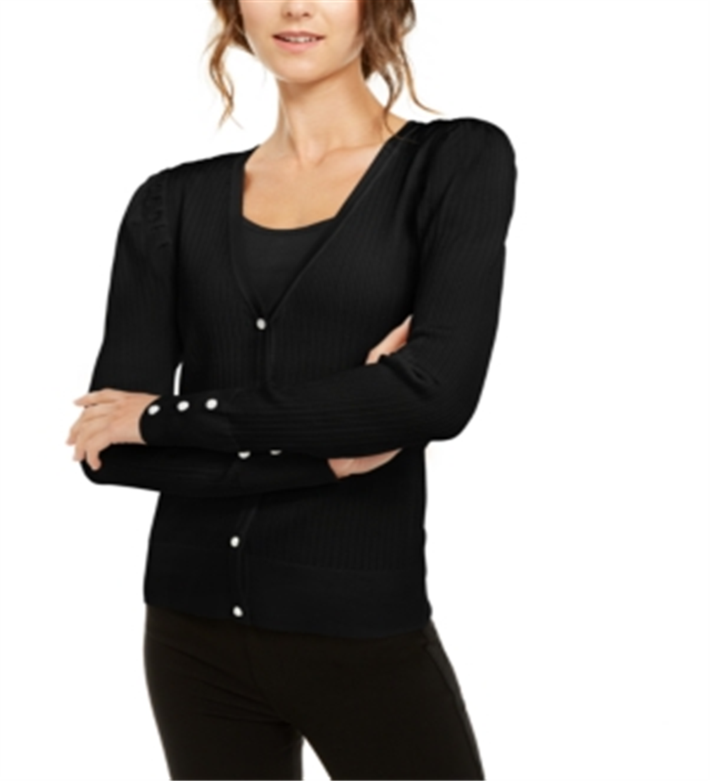 INC International Concepts Women's Puff Sleeve Cardigan Black Size Petite Medium