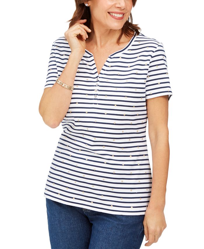 Karen Scott Women's Starlight Striped Henley Top Blue Size Small